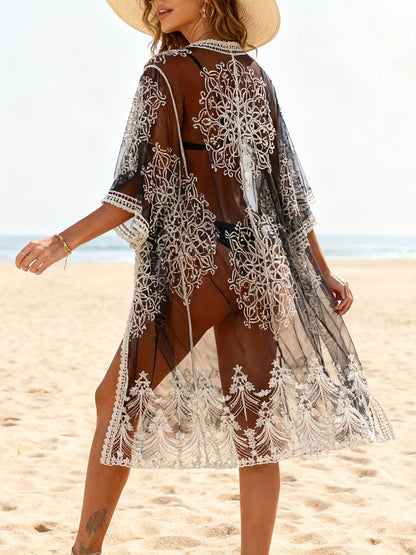 Damen Strand Kimono mit Stickerei – Boho Stil, Perfekt als Badebekleidungs-Überwurf