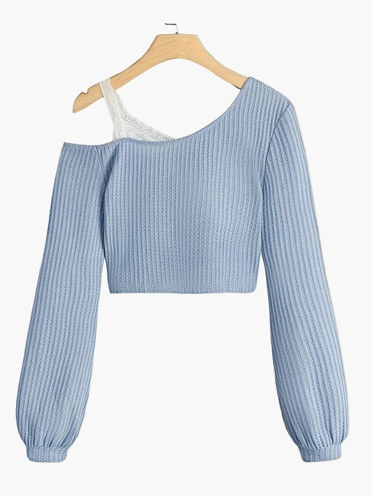 Damen Pullover im Asymmetrischen Schnitt mit Spitze und Einem Schulterfreien Design – Modischer Strickpulli für Alltag und Freizeit