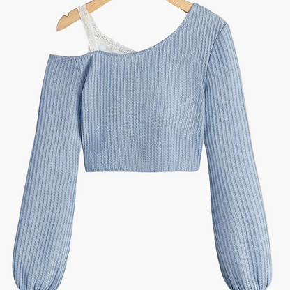 Damen Pullover im Asymmetrischen Schnitt mit Spitze und Einem Schulterfreien Design – Modischer Strickpulli für Alltag und Freizeit