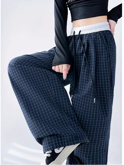 Damen Weite Freizeithose mit Karomuster und Kordelzug – Streetwear Style für Alltag und Freizeit
