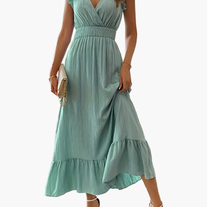 Damen Elegantes Maxikleid mit V-Ausschnitt und Rüschen – Perfekt für Sommer und besondere Anlässe