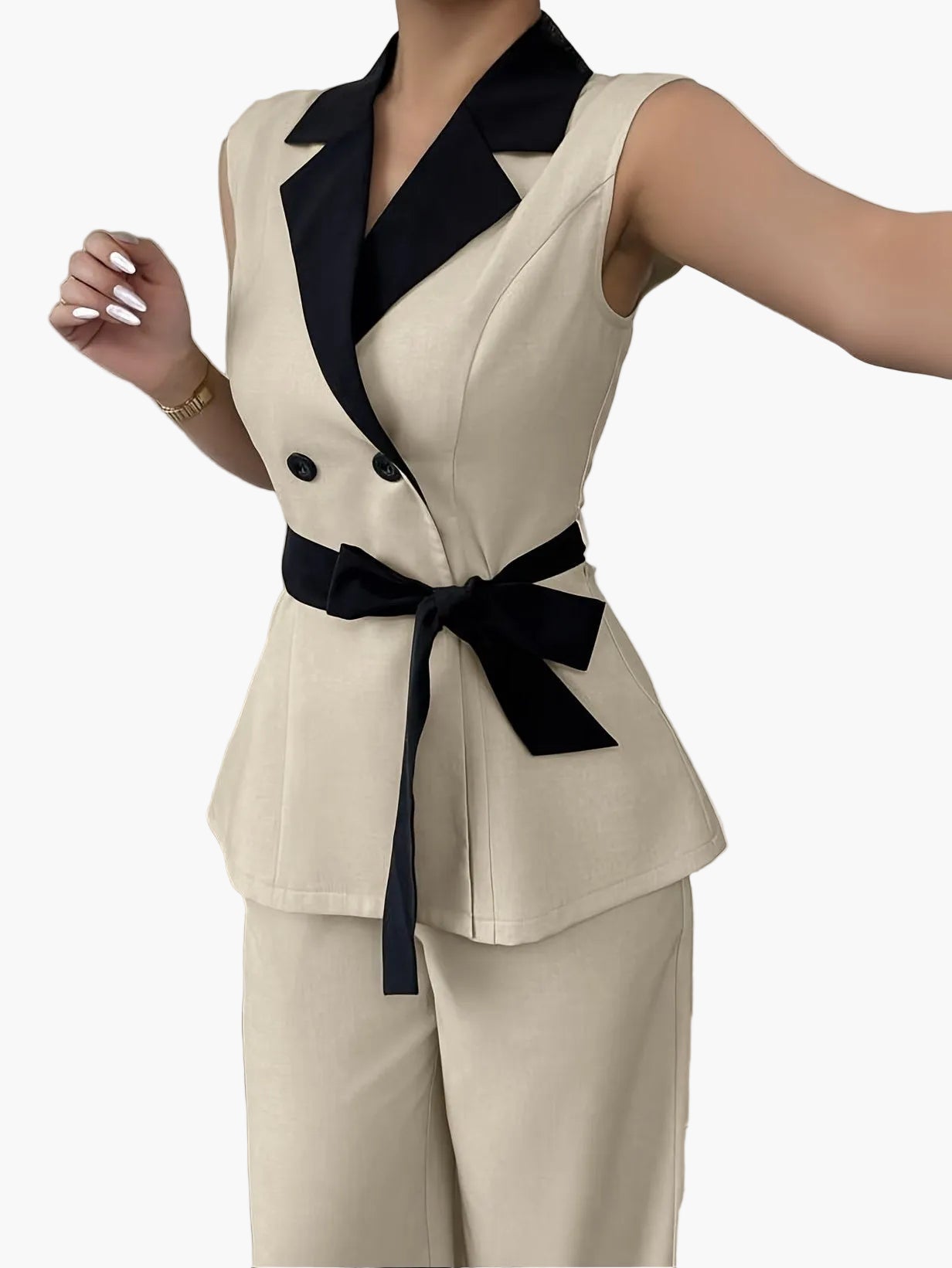 Damen Eleganter Business-Hosenanzug mit ärmellosem Blazer und Bindegürtel – Perfekt für Büro und festliche Anlässe