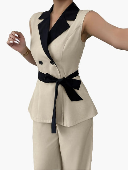 Damen Eleganter Business-Hosenanzug mit ärmellosem Blazer und Bindegürtel – Perfekt für Büro und festliche Anlässe