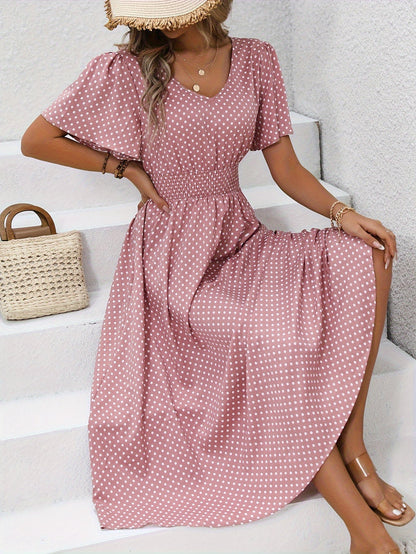 Damen Sommerkleid mit Punkten, V-Ausschnitt, elegant und luftig für Alltag & Urlaub