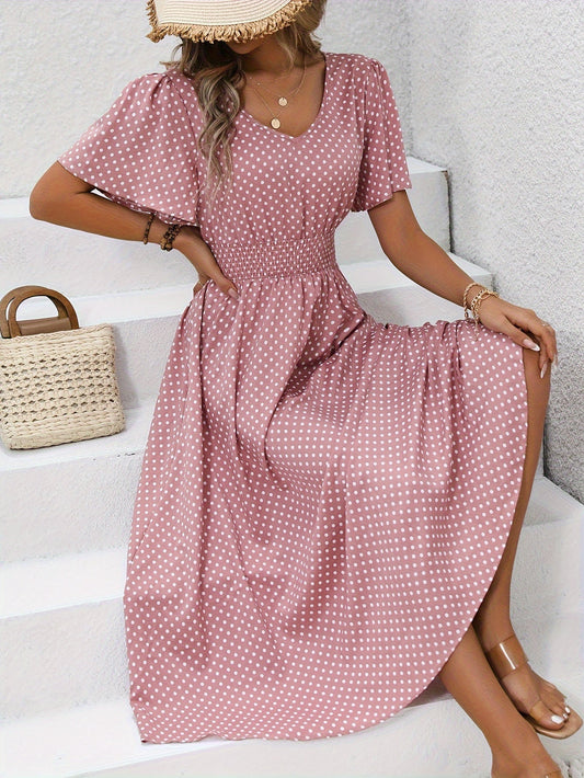 Damen Sommerkleid mit Punkten, V-Ausschnitt, elegant und luftig für Alltag & Urlaub