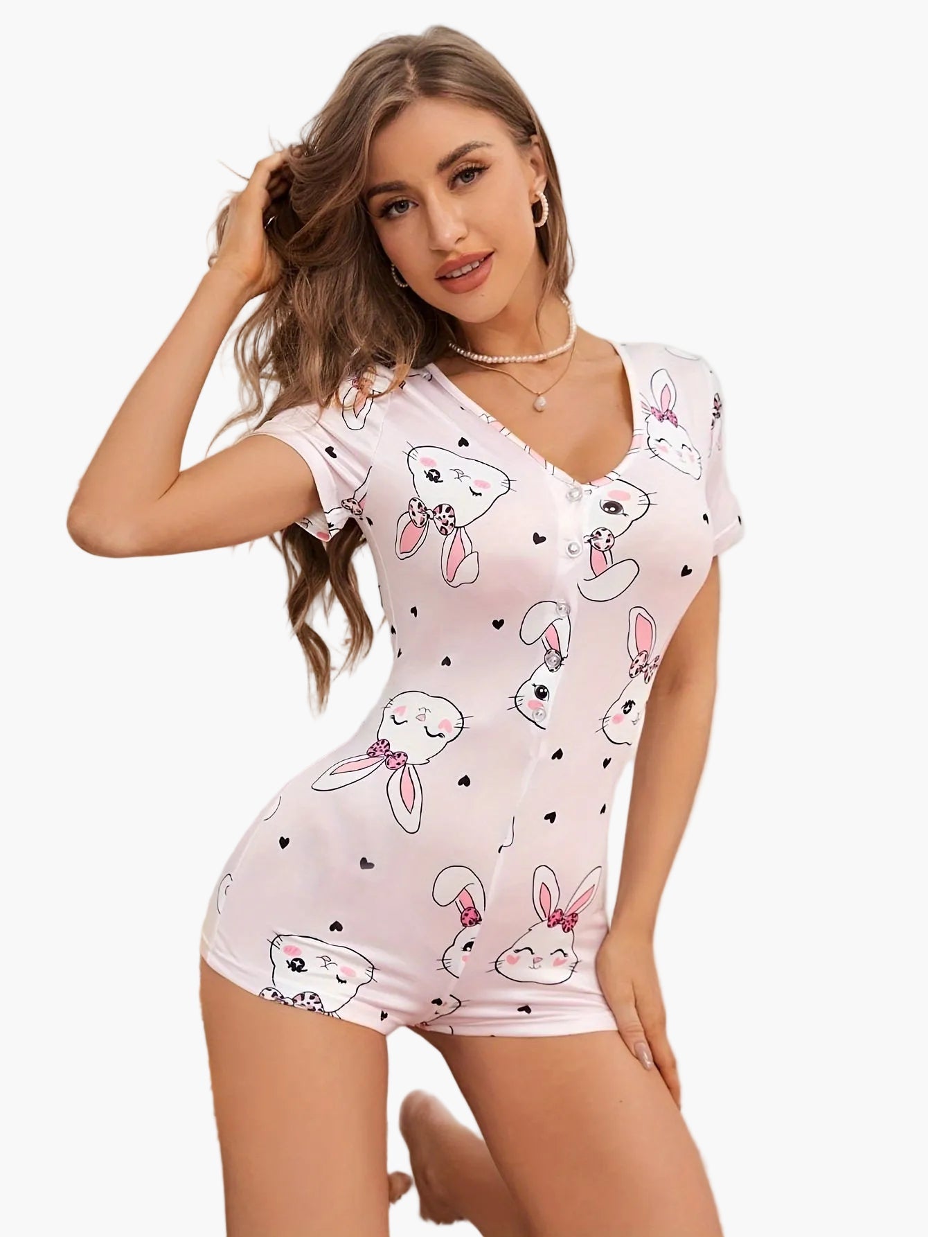 Damen Pyjama-Shorty mit Hasen-Print und Knopfleiste – Niedlicher Einteiler für Zuhause, Frühling & Sommer