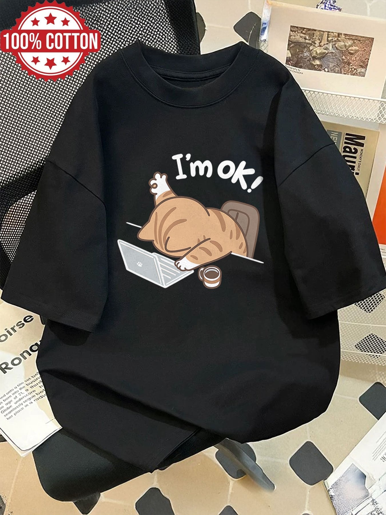 Damen Oversize T-Shirt mit lustigem Katzen-Motiv und Spruch "I'm ok!" – Lockeres Streetwear für Alltag & Freizeit