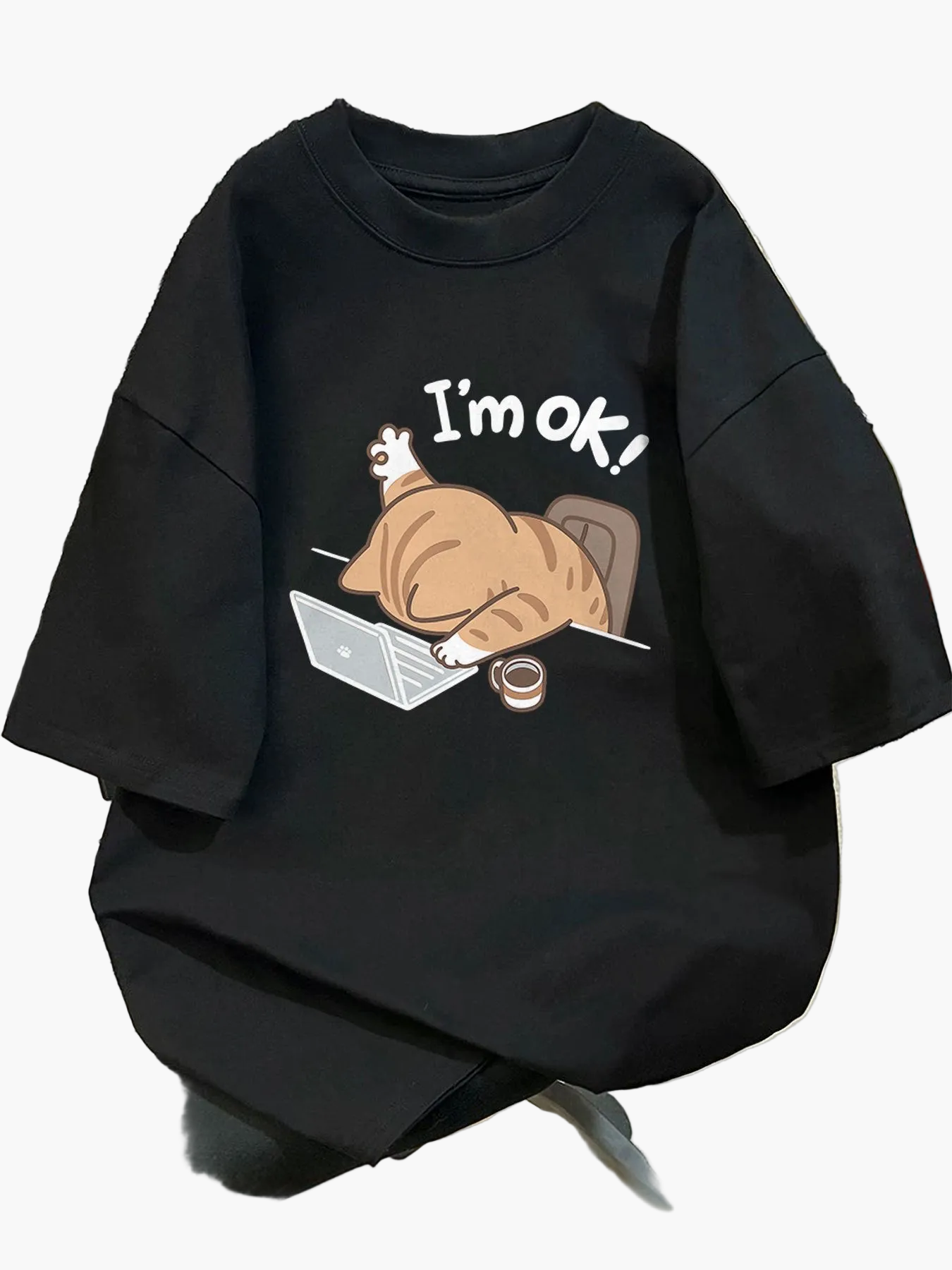 Damen Oversize T-Shirt mit lustigem Katzen-Motiv und Spruch "I'm ok!" – Lockeres Streetwear für Alltag & Freizeit