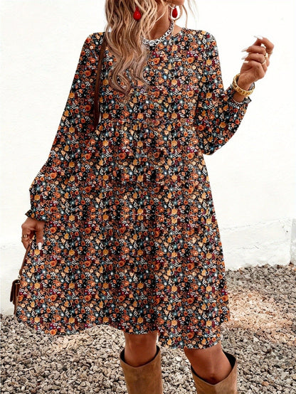 Damen Blumenkleid mit langen Ärmeln – Boho Chic Freizeitkleid für Frühling und Sommer