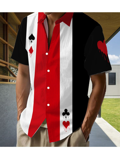 Herren Kurzarm Freizeithemd mit Spielkarten-Motiv und Knopfleiste – Stilvolles Party- und Freizeitshirt