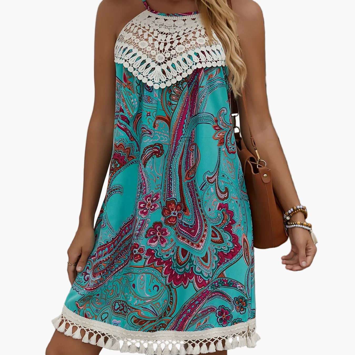 Damen Sommer Tunika Strandkleid mit Häkelspitze und Paisley-Muster – Boho Chic Freizeitkleid