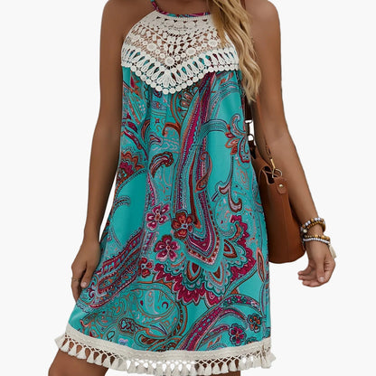 Damen Sommer Tunika Strandkleid mit Häkelspitze und Paisley-Muster – Boho Chic Freizeitkleid