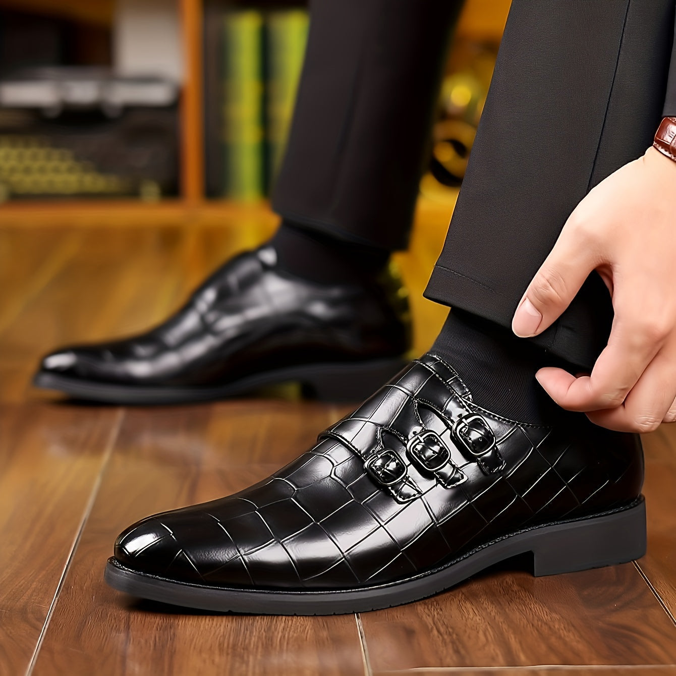 Herren Business-Slipper Vintage mit Dreifach-Schnalle – Elegante Schuhe für Büro & festliche Anlässe