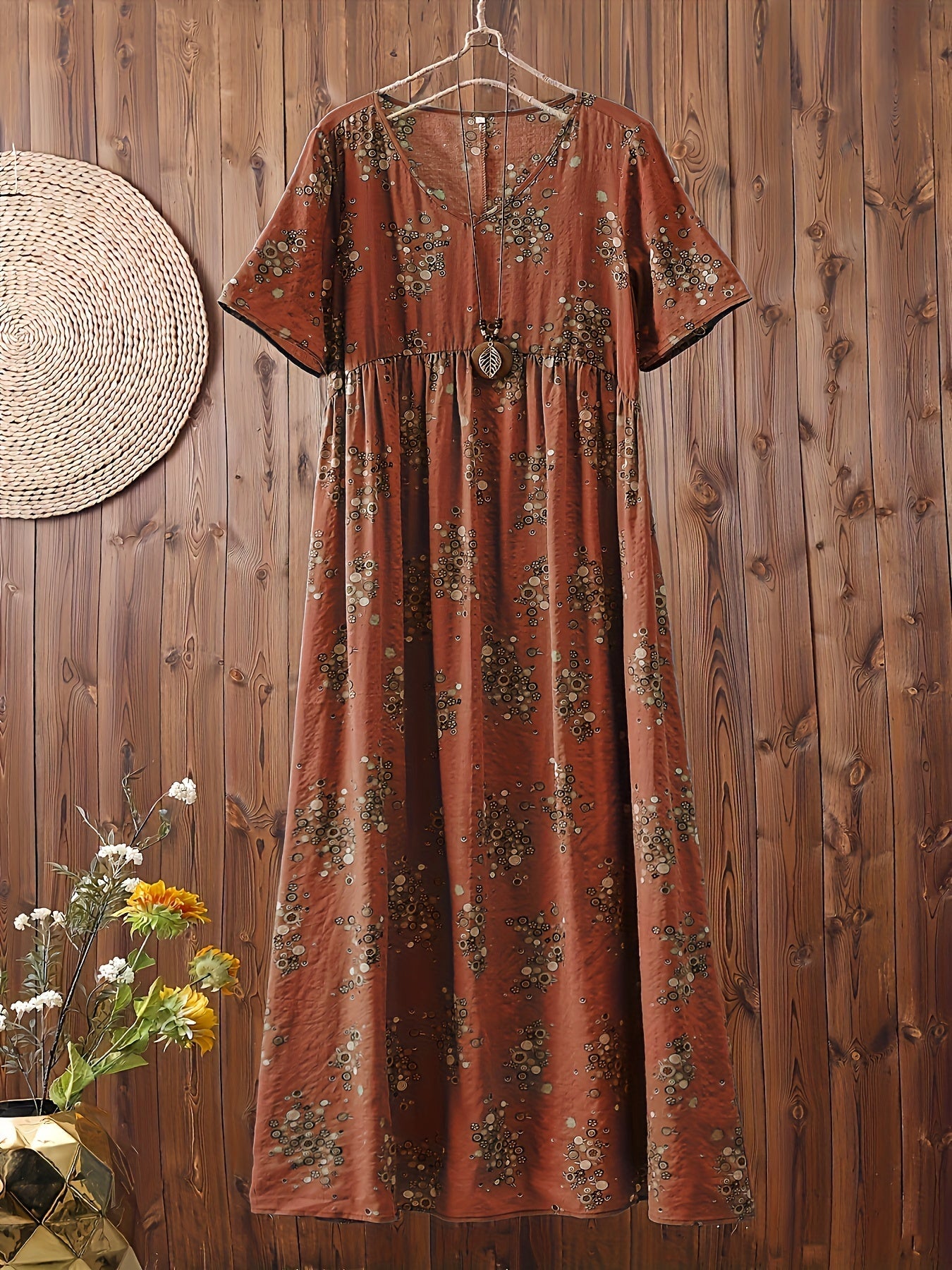 Damen Maxikleid Boho-Stil Vintage Tunika Sommerkleid mit Blumenmuster