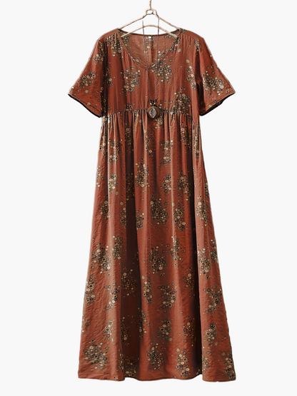 Damen Maxikleid Boho-Stil Vintage Tunika Sommerkleid mit Blumenmuster