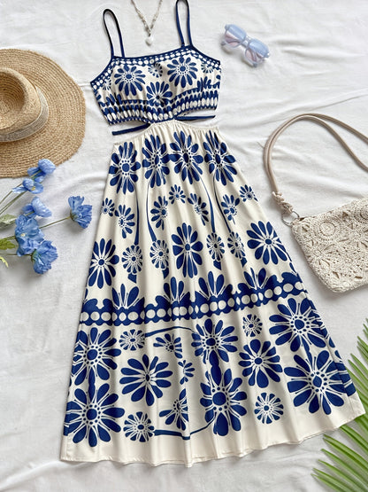 Damen Maxikleid mit Blumenmuster und Cut-Out-Detail – Boho Stil, Sommer, Elegant