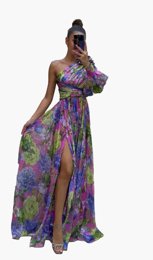 Damen One-Shoulder Maxikleid mit floralen Muster – Elegantes Sommerkleid für festliche Anlässe