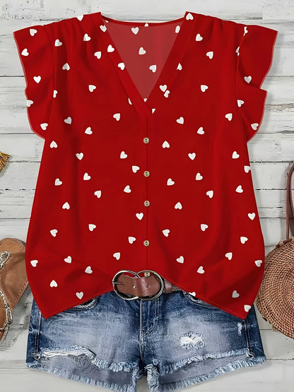 Damen Sommerbluse mit Herzmuster, Casual V-Ausschnitt, Knopfleiste, Ideal für Freizeit und Alltag