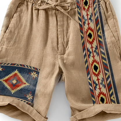 Herren Ethno-Shorts mit Aztekenmuster und Kordelzug – Modische Freizeithose für Sommer & Urlaub