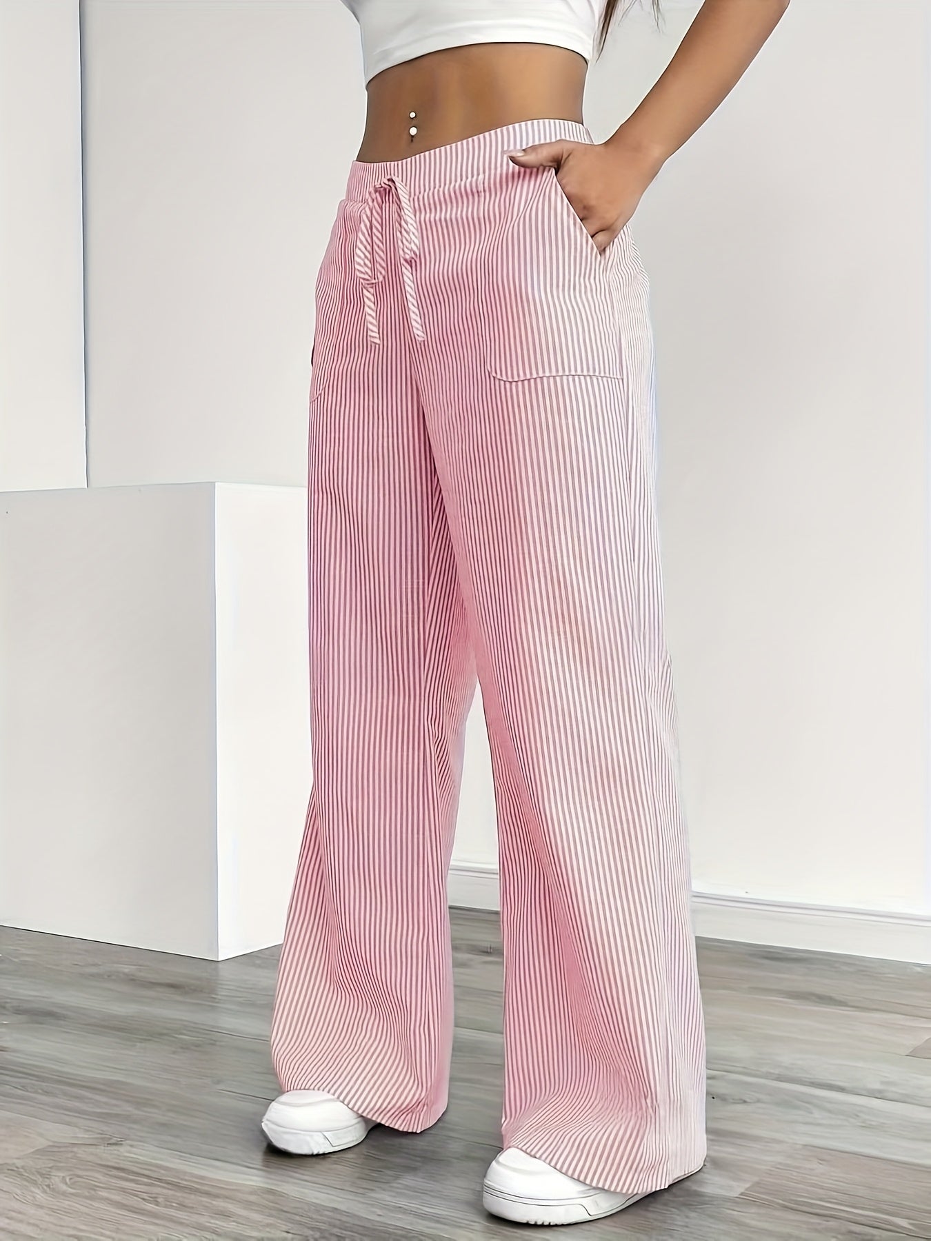 Damen Weite Casual Streifenhose mit Kordelzug – Bequeme Freizeithose für Alltag und Wochenende