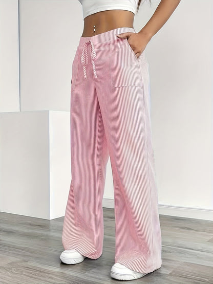 Damen Weite Casual Streifenhose mit Kordelzug – Bequeme Freizeithose für Alltag und Wochenende