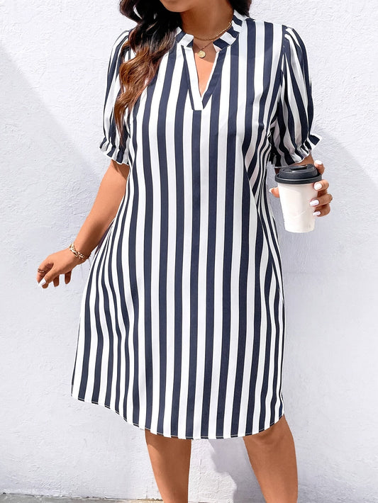 Damen Streifen-Shirtkleid mit V-Ausschnitt für Alltag und Büro, elegant und bequem