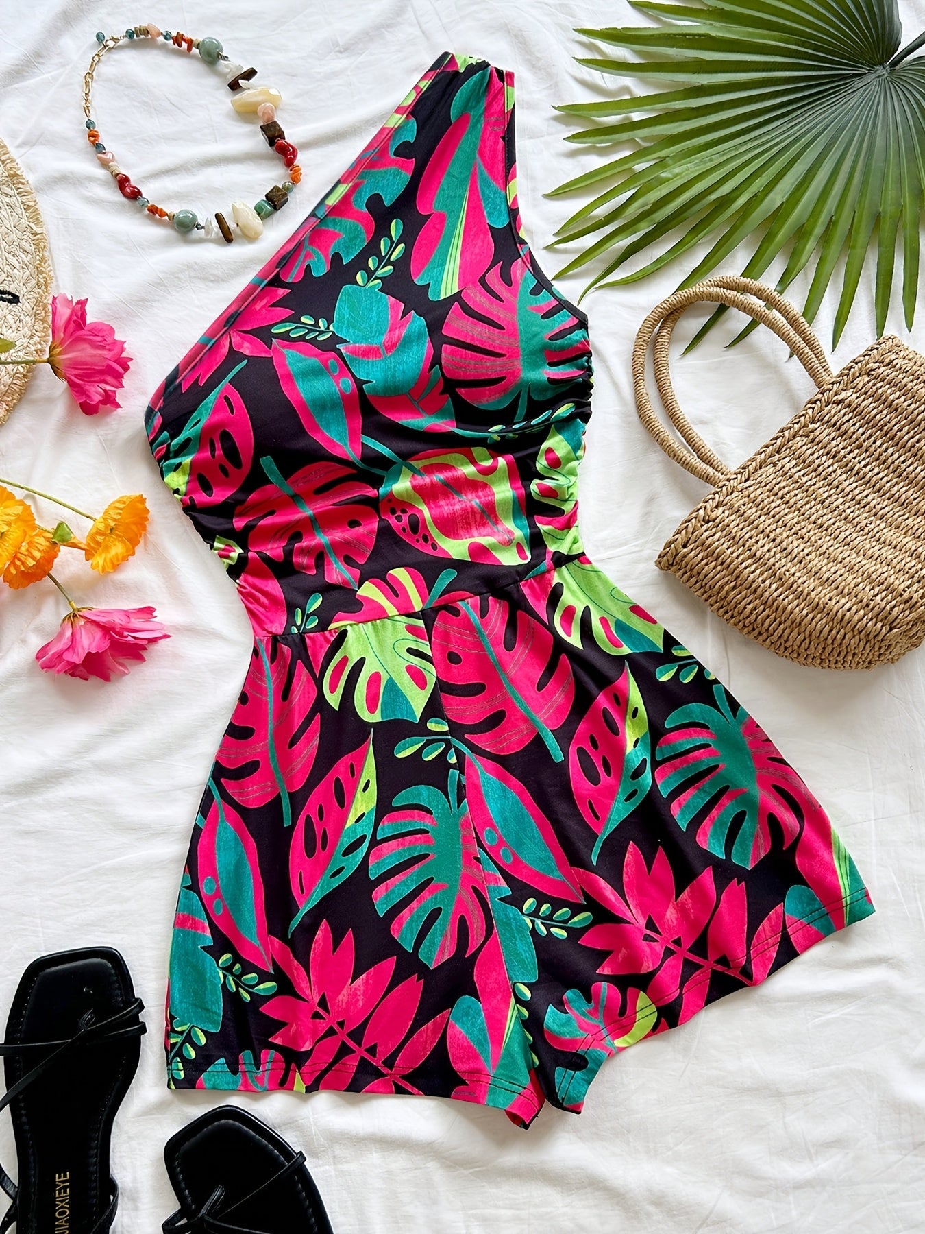 Damen Ein-Schulter Jumpsuit mit Tropenprint – Modischer Sommer Overall für Freizeit und Urlaub