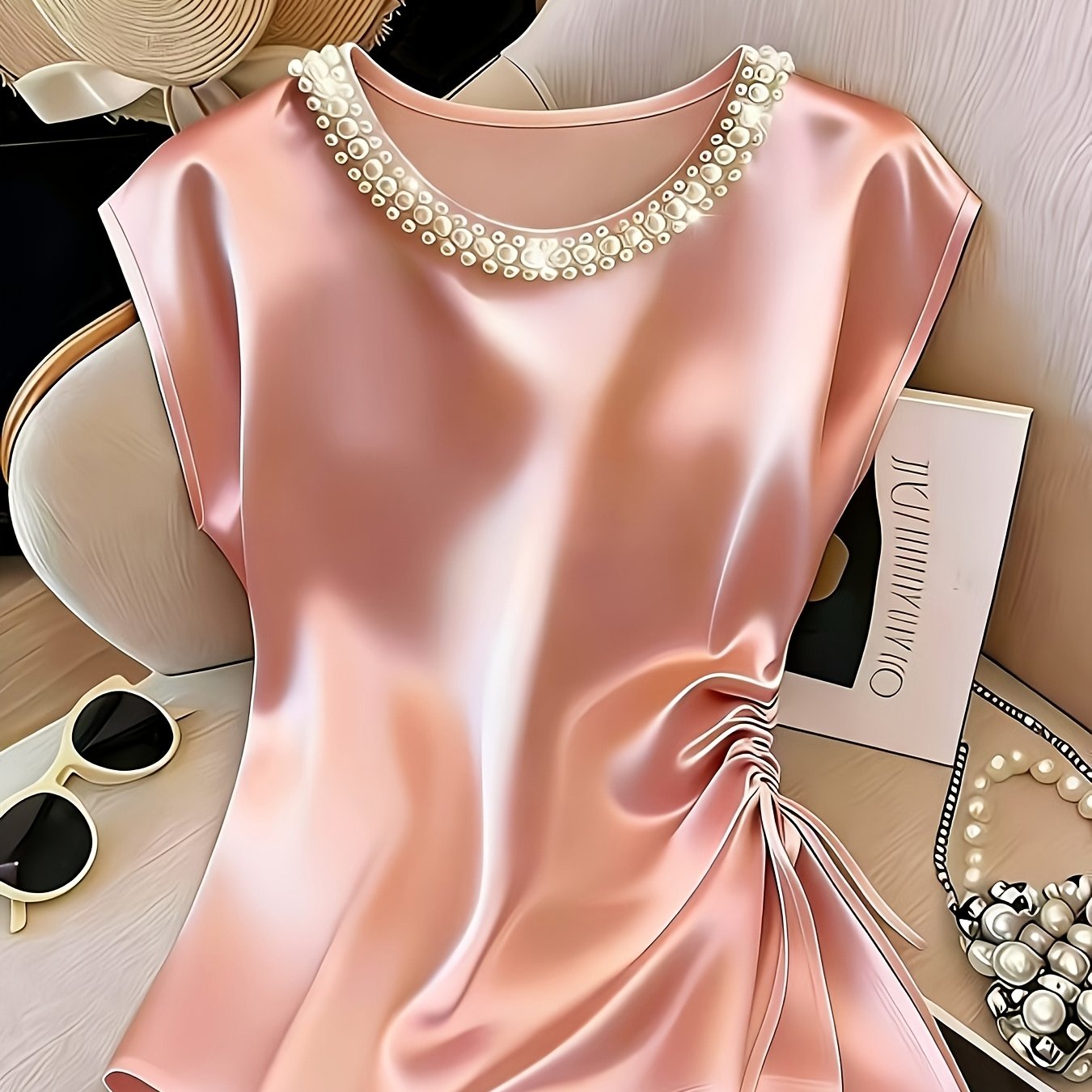Damen Elegante Satinbluse mit Perlenkragen und Raffdetails – Stilvolle Kurzarm-Bluse für festliche Anlässe