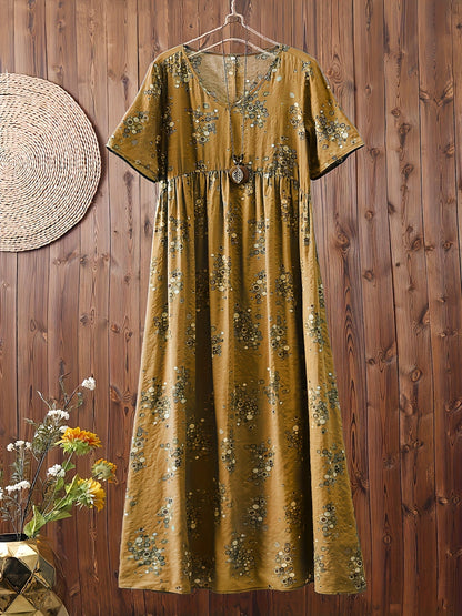 Damen Maxikleid Boho-Stil Vintage Tunika Sommerkleid mit Blumenmuster