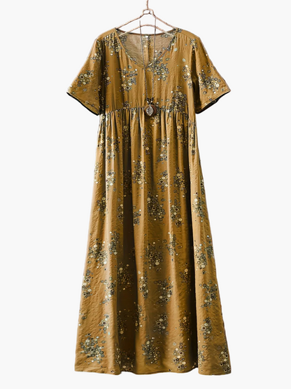 Damen Maxikleid Boho-Stil Vintage Tunika Sommerkleid mit Blumenmuster