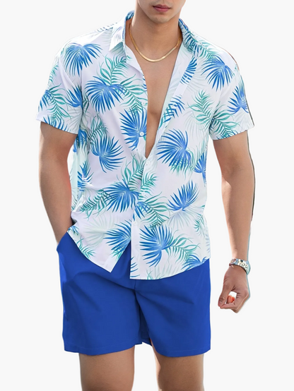 Herren Sommer Strand Set – Kurzarm Hemd & Shorts, Tropischer Print, Lässiger Look für Urlaub & Freizeit