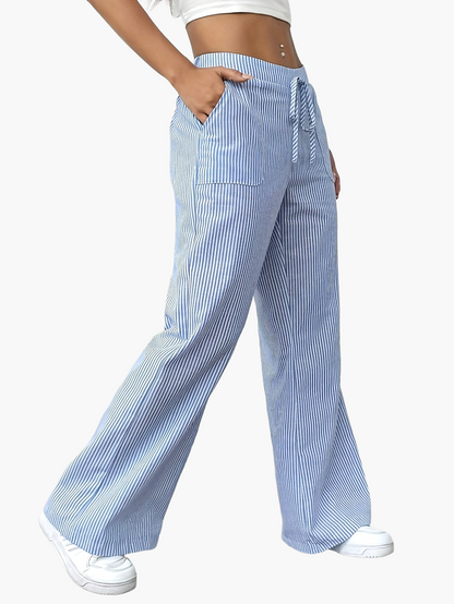 Damen Weite Freizeithose mit Streifen und Kordelzug – Lässiger Streetstyle für Alltag und Freizeit