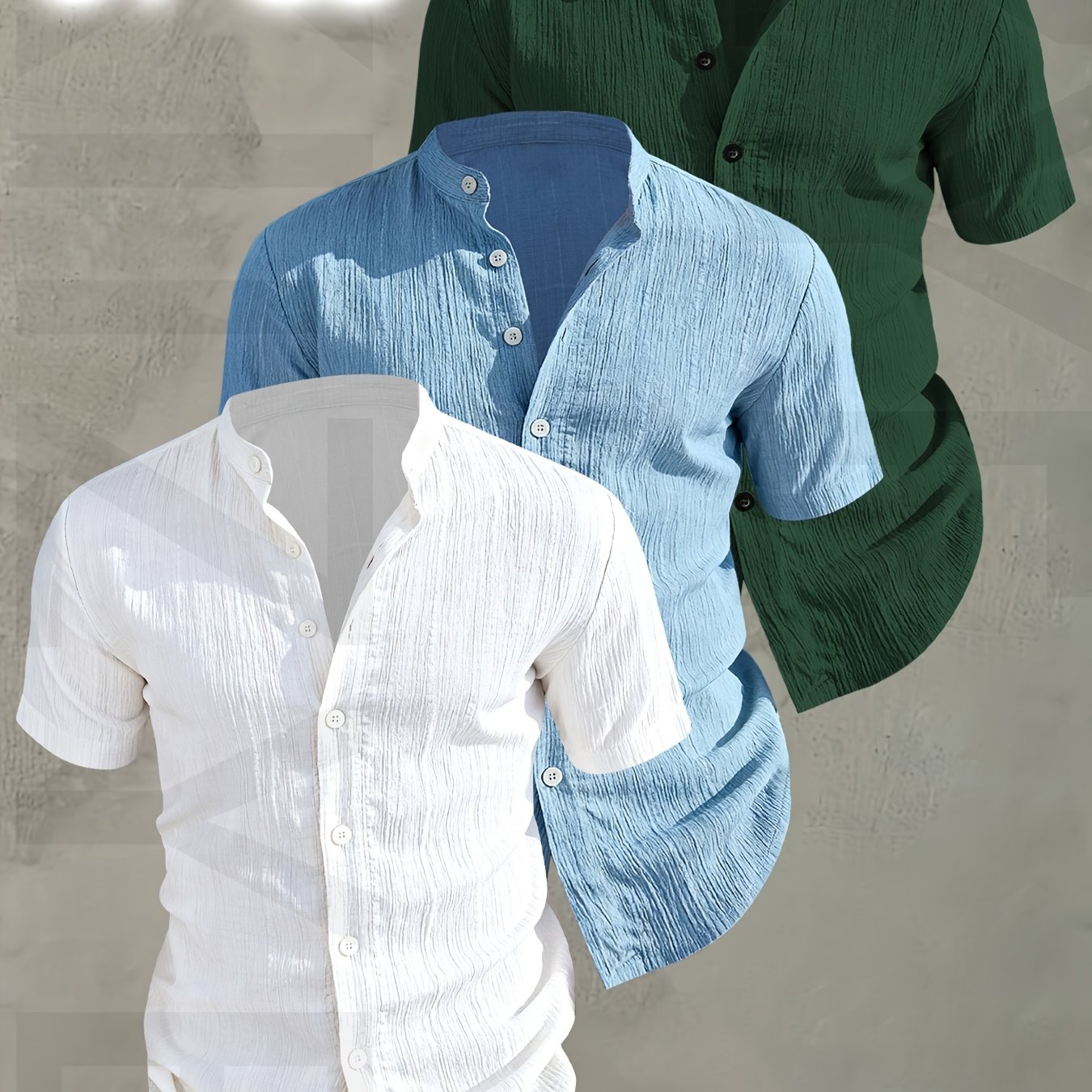 Herren 3er-Pack Freizeithemd mit Stehkragen, Kurzarm, Modernes Design, Knopfleiste