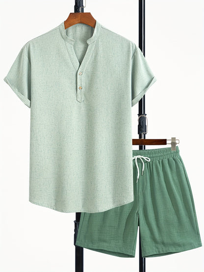 Herren Zweiteiliges Freizeitset mit Henley-Shirt und Shorts – Moderner Look für Alltag und Urlaub