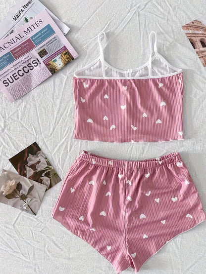 Damen Pyjama Set mit Herzchen-Muster und Schleifen – Zweiteiliger Schlafanzug, bequem & süß, ideal für Sommer
