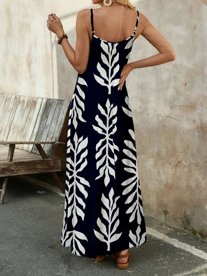Damen Maxikleid mit botanischem Print und Boho-Stil – Lässiges Sommerkleid für Freizeit und Urlaub