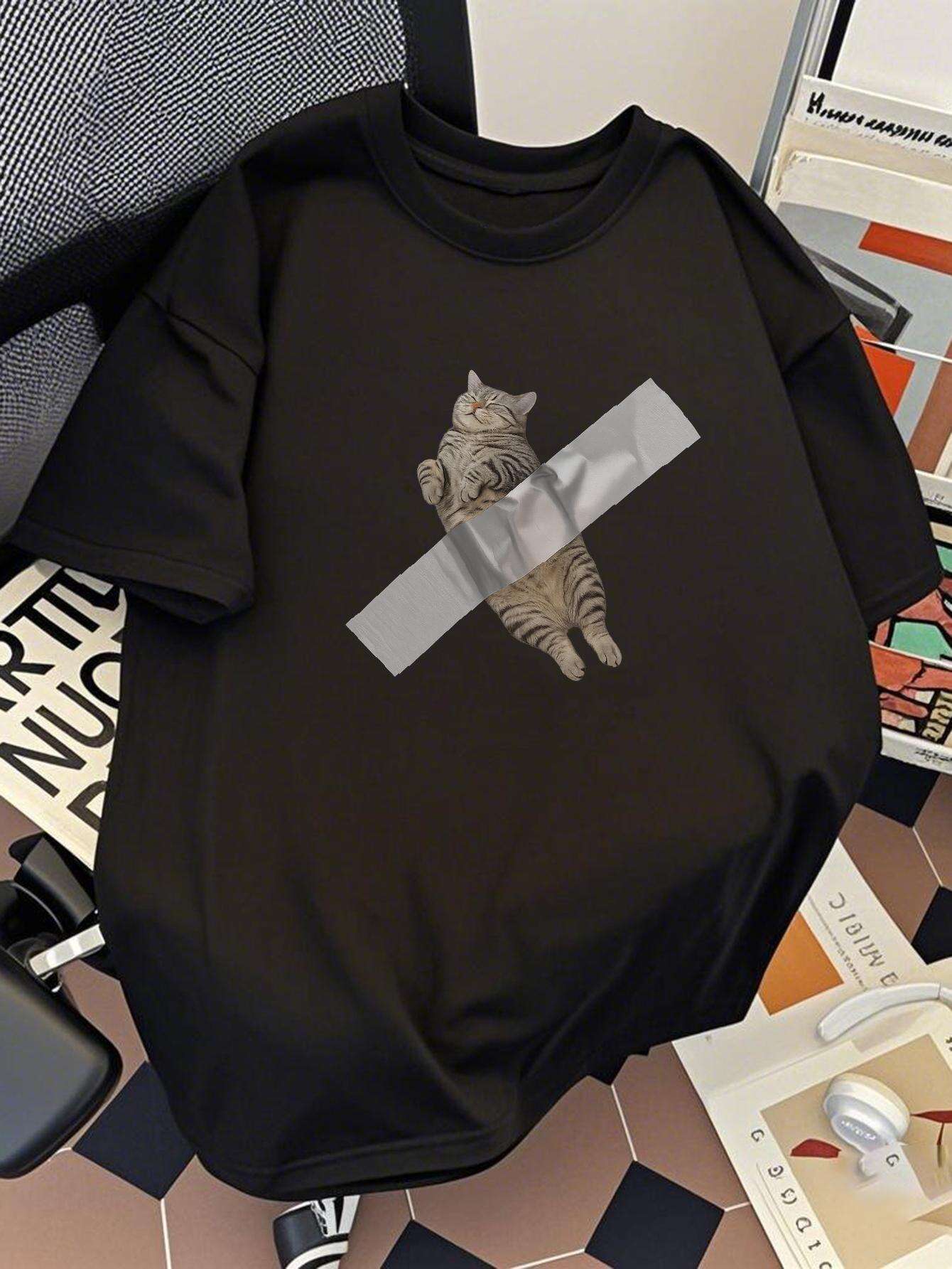 Herren T-Shirt mit lustigem Katzen-Print und Tape-Motiv – Lockeres Streetwear für Alltag & Freizeit