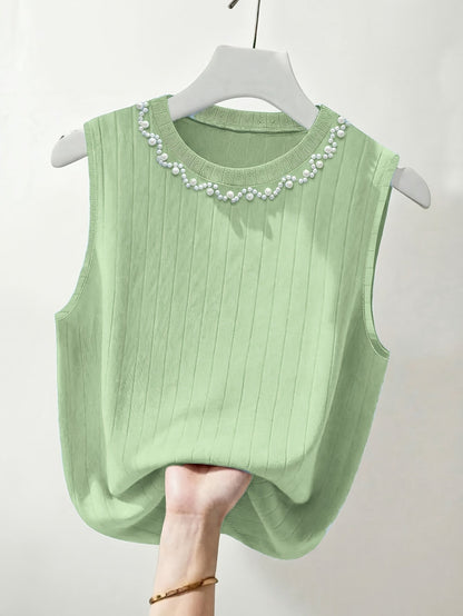 Damen Elegantes Stricktop mit Perlenbesatz, Ärmellos, Perfekt für Alltag und Büro