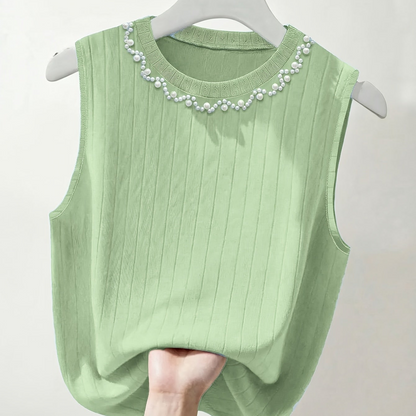 Damen Elegantes Stricktop mit Perlenbesatz, Ärmellos, Perfekt für Alltag und Büro