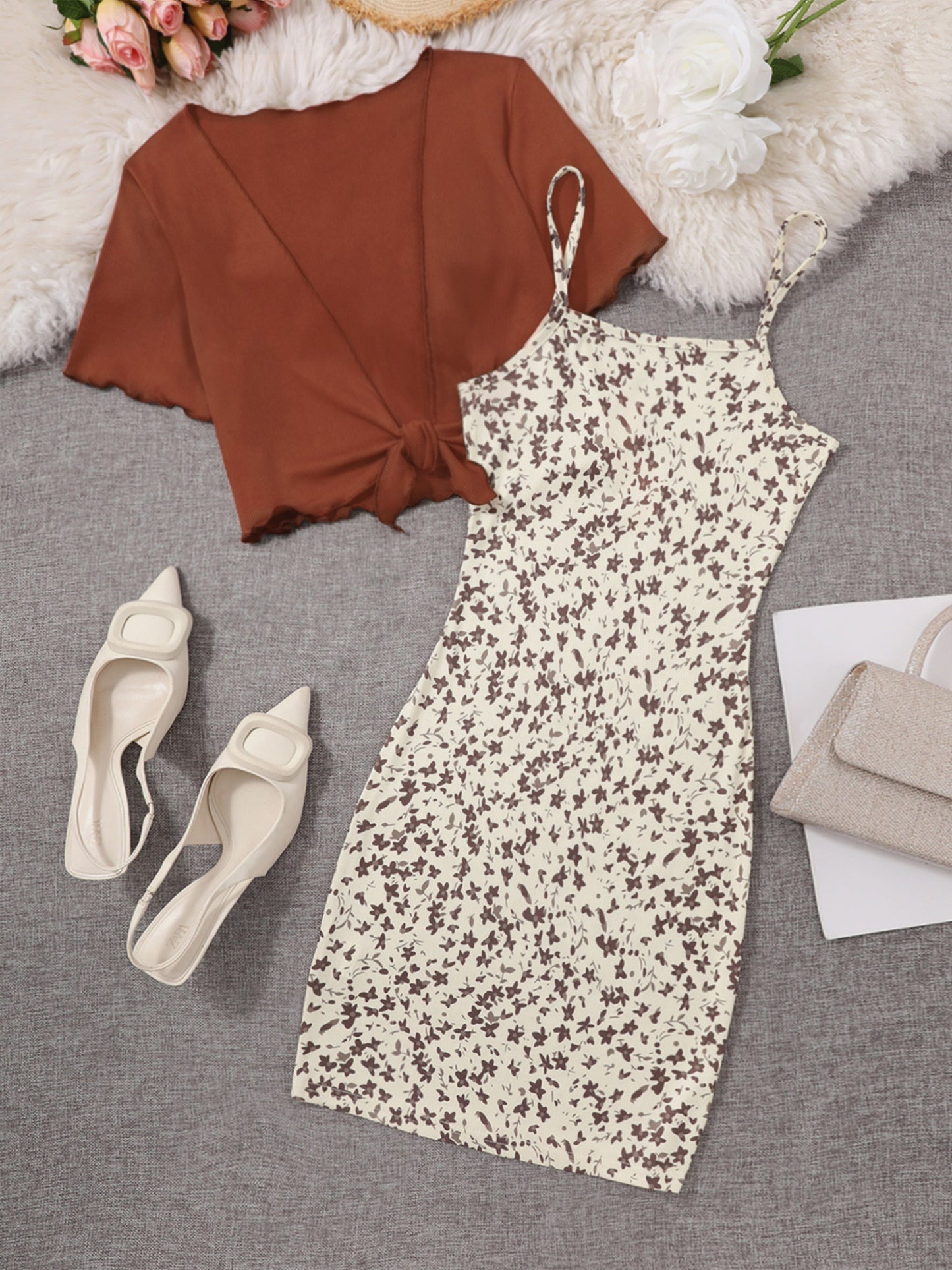 Damen Zweiteiler Set – Elegantes Sommerkleid mit Blümchenmuster und Kurzarm-Überwurf, Perfekt für Freizeit und besondere Anlässe