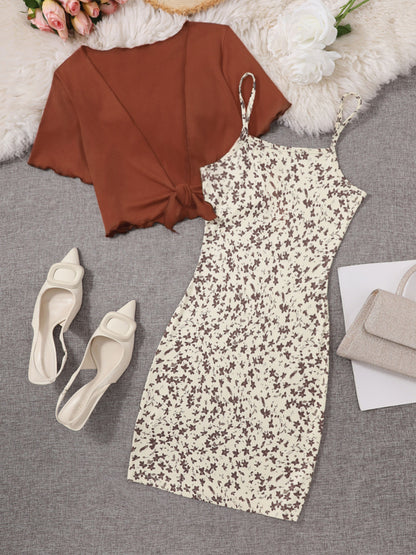 Damen Zweiteiler Set – Elegantes Sommerkleid mit Blümchenmuster und Kurzarm-Überwurf, Perfekt für Freizeit und besondere Anlässe