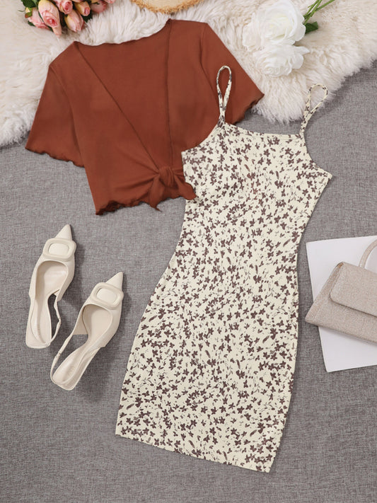 Damen Zweiteiler Set – Elegantes Sommerkleid mit Blümchenmuster und Kurzarm-Überwurf, Perfekt für Freizeit und besondere Anlässe