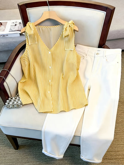 Damen Elegante Ärmellose Bluse mit Streifen und Knopfleiste – Sommer Business Freizeithemd