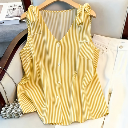 Damen Elegante Ärmellose Bluse mit Streifen und Knopfleiste – Sommer Business Freizeithemd