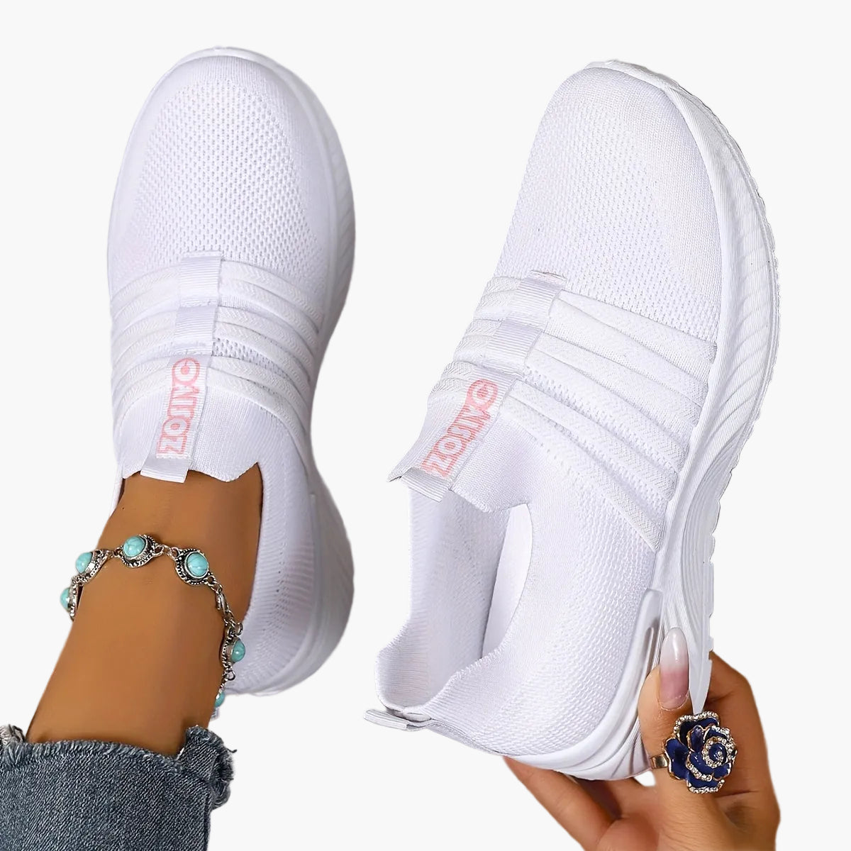 Damen Slip-On Sneakers Freizeit Bequeme Low-Top Schuhe mit Streifen-Design