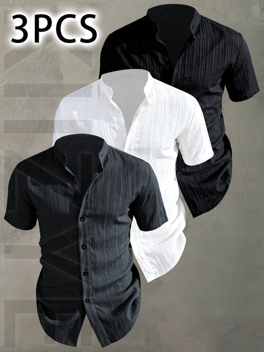 Herren 3er-Pack Freizeithemd mit Stehkragen, Kurzarm, Modernes Design, Knopfleiste