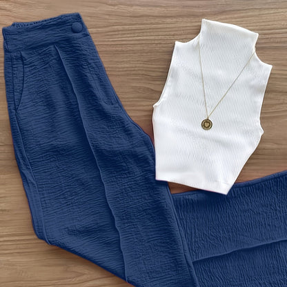 Damen Elegantes Set – Ärmelloses Oberteil mit Stehkragen und Weite Hose, Perfekt für Büro und Alltag