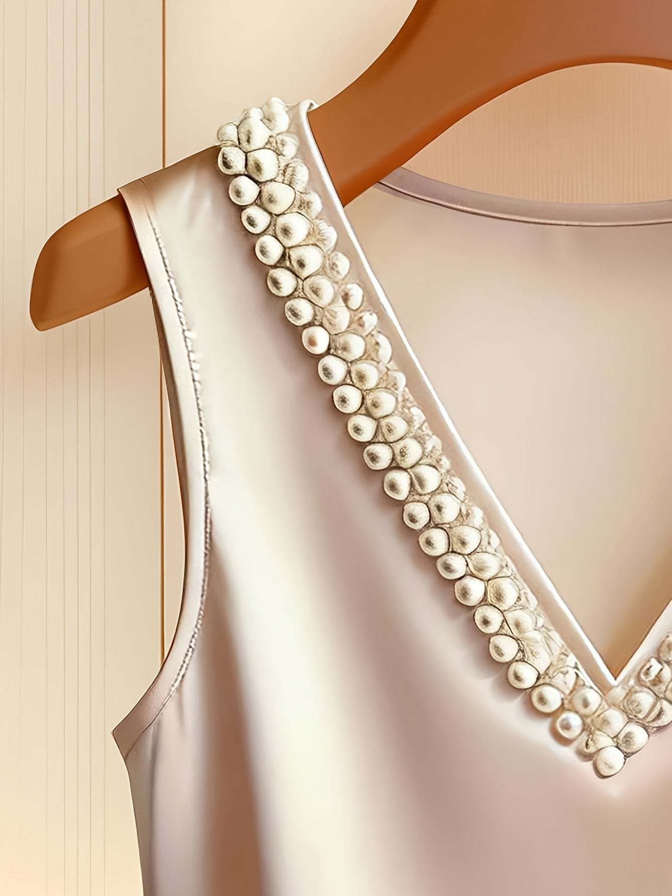 Damen Top ohne Ärmel mit V-Ausschnitt und Perlenbesatz – Elegantes Blusentop für festliche Anlässe