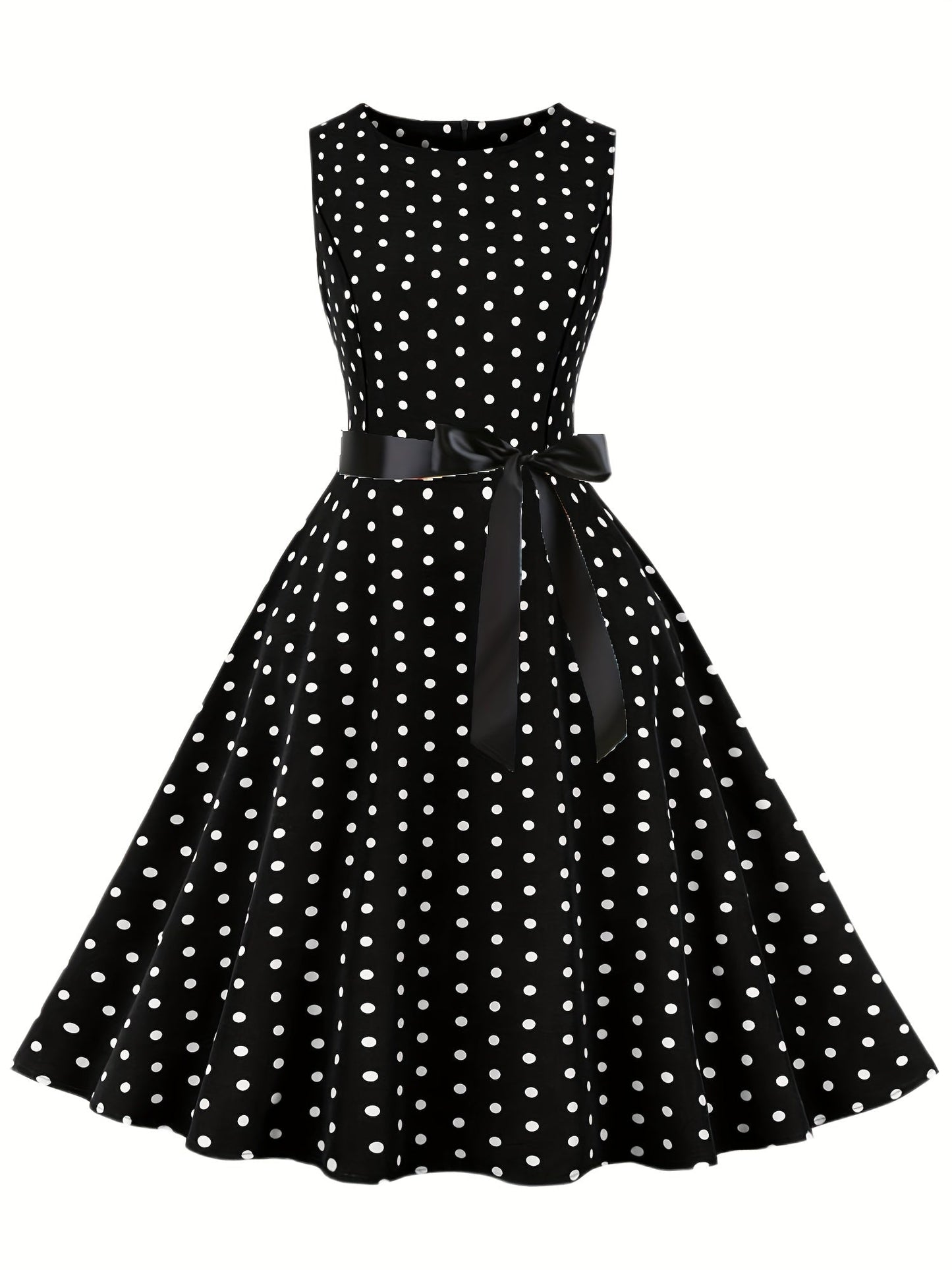 Damen Vintage Rockabilly Polka Dots Kleid mit Schleifen-Gürtel, Elegant, Ärmelos, Festlich & Alltag
