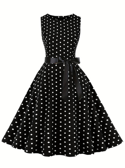 Damen Vintage Rockabilly Polka Dots Kleid mit Schleifen-Gürtel, Elegant, Ärmelos, Festlich & Alltag